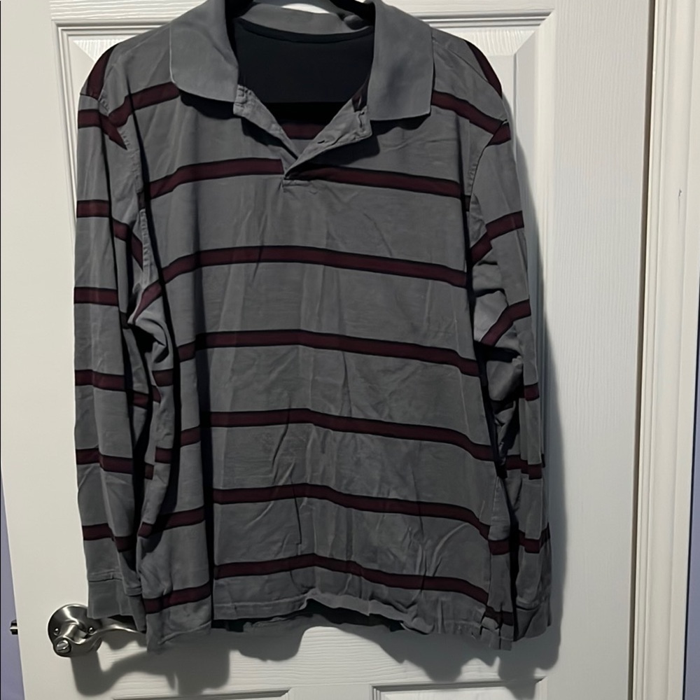 Men's Gray and Burgundy Striped Polo Shirt Casual Versatile Long-Sleeve Winter